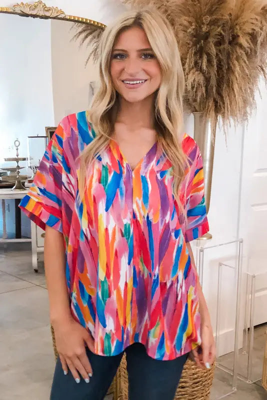 Feather flowy v neck blouse - short sleeve blouses