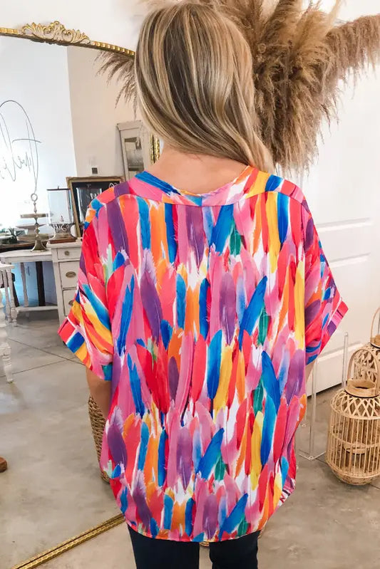 Feather flowy v neck blouse - short sleeve blouses