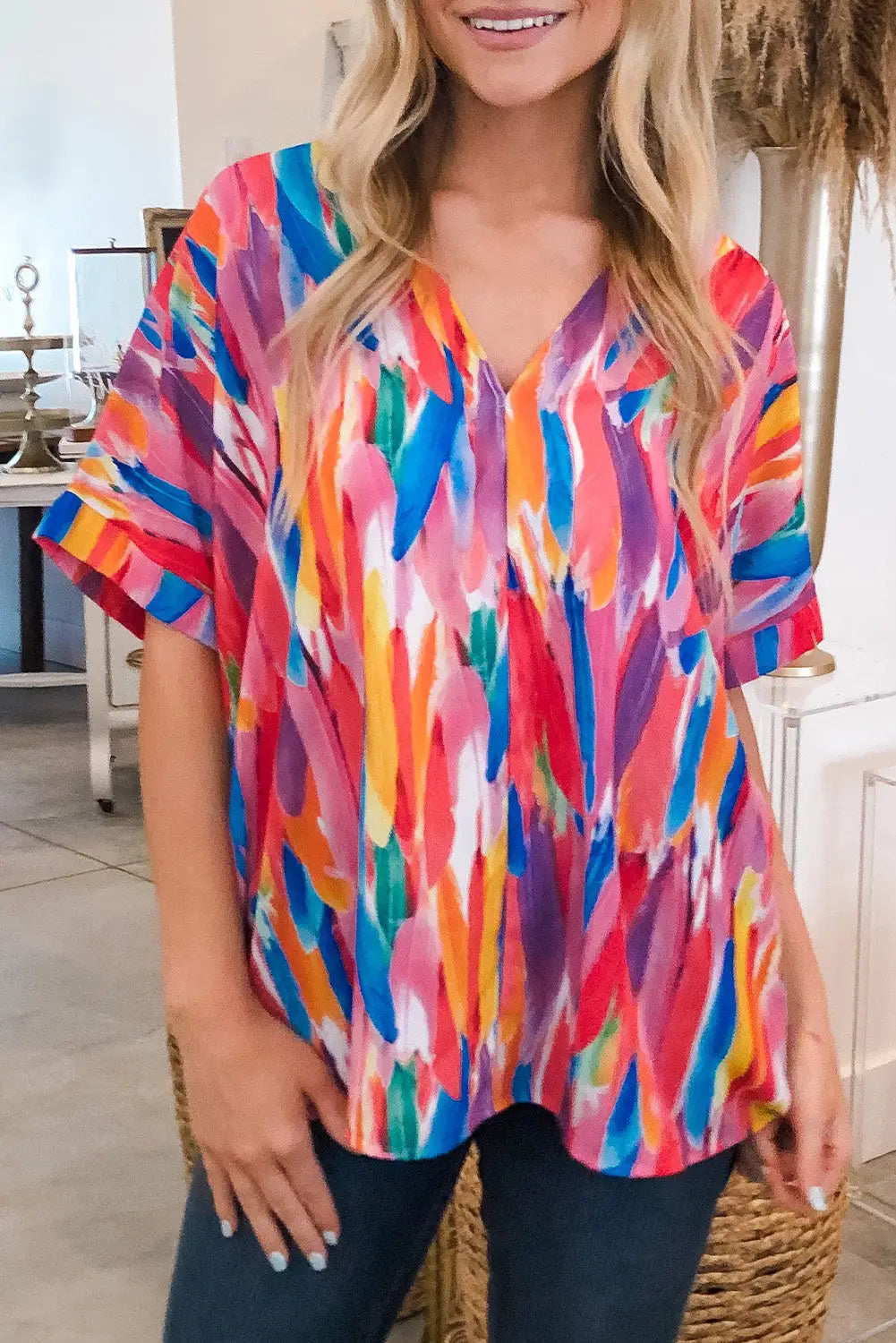 Feather flowy v neck blouse - multicolour / s / 100% polyester - short sleeve blouses