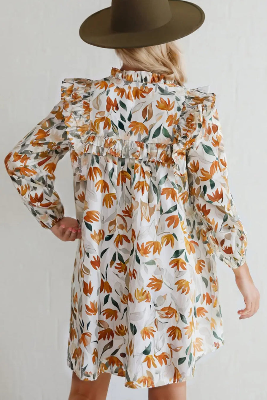 Yellow Floral Tie Neck Frilled Long Sleeve Mini Dress Women UK