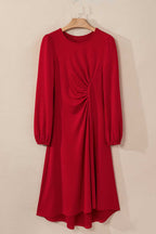 Red Long Sleeve Drape Midi Dress on hanger showing full length and draped silhouette, a best seller in fall dresses.