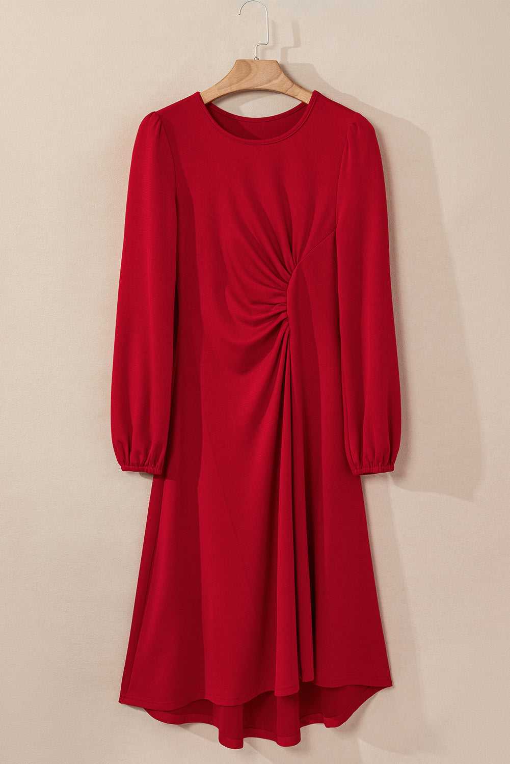 Red Long Sleeve Drape Midi Dress on hanger showing full length and draped silhouette, a best seller in fall dresses.