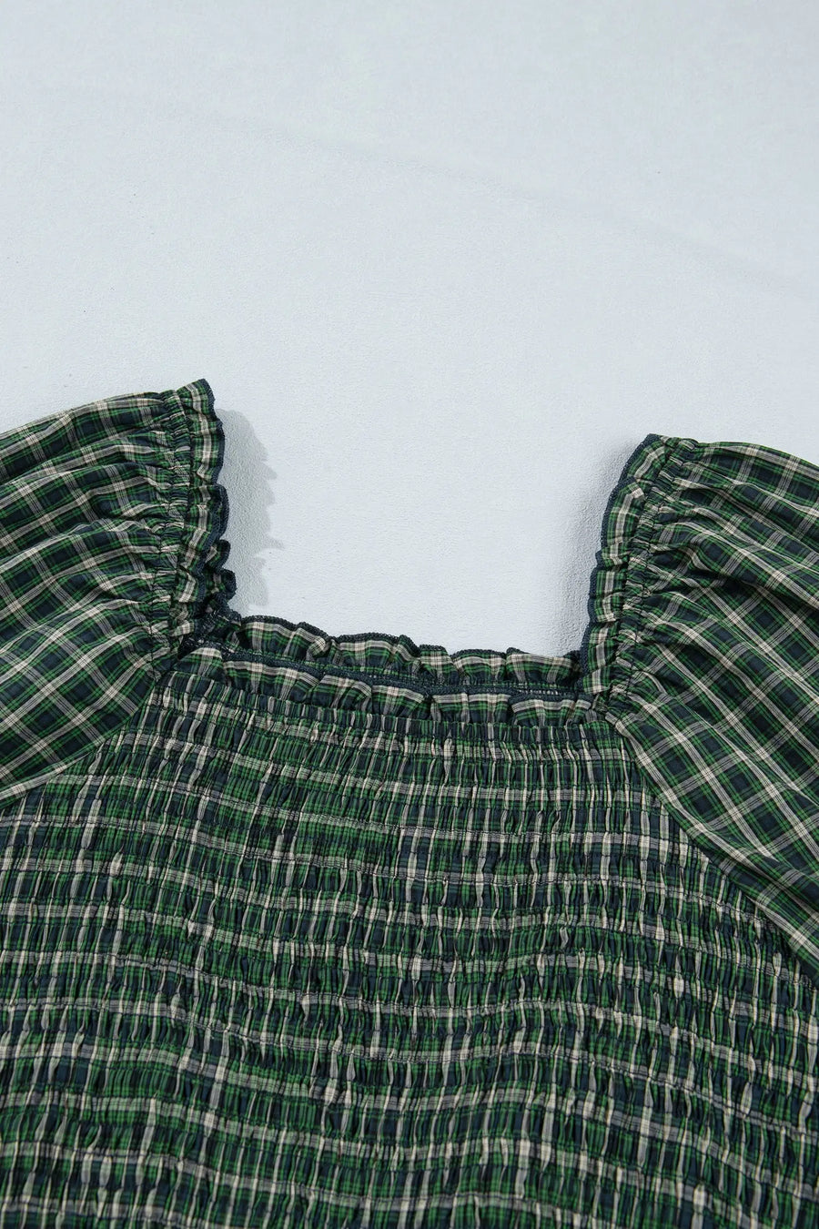 Plaid Square Neck Shirred High Waist Ruffle Hem Dress — angled view | Fashionfitz UK