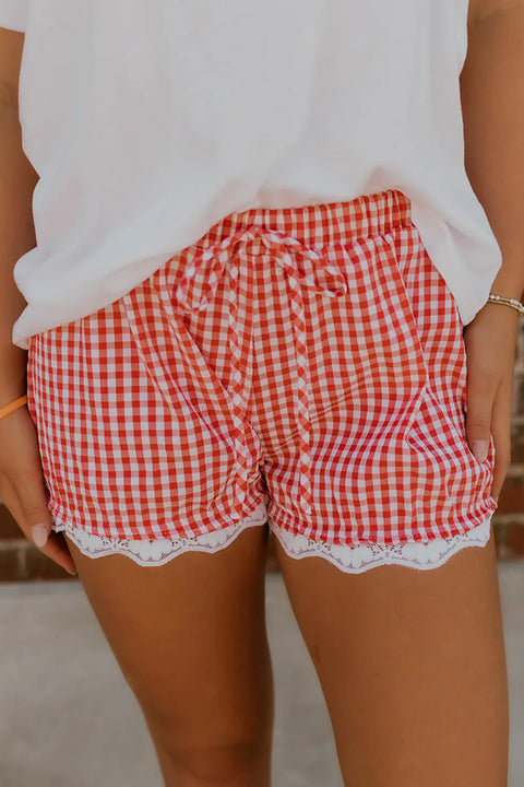 Gingham Tie Waist Lace Hem Casual Shorts Women UK