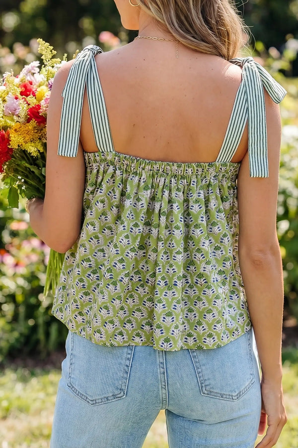 Printed knot strap babydoll tank top side view | Fashionfitz UK