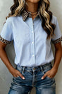 Stripe Leopard Contrast Collar Short Sleeve Shirt Women UK