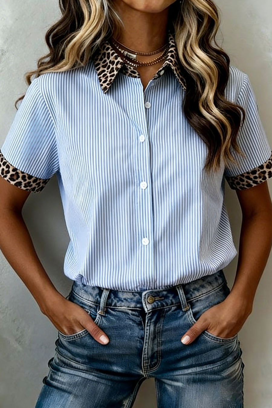 Stripe Leopard Contrast Collar Short Sleeve Shirt Women UK