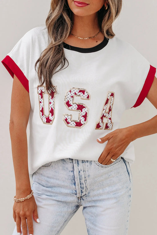 Women’s usa sequin colourblock letter print loose t-shirt t-shirts