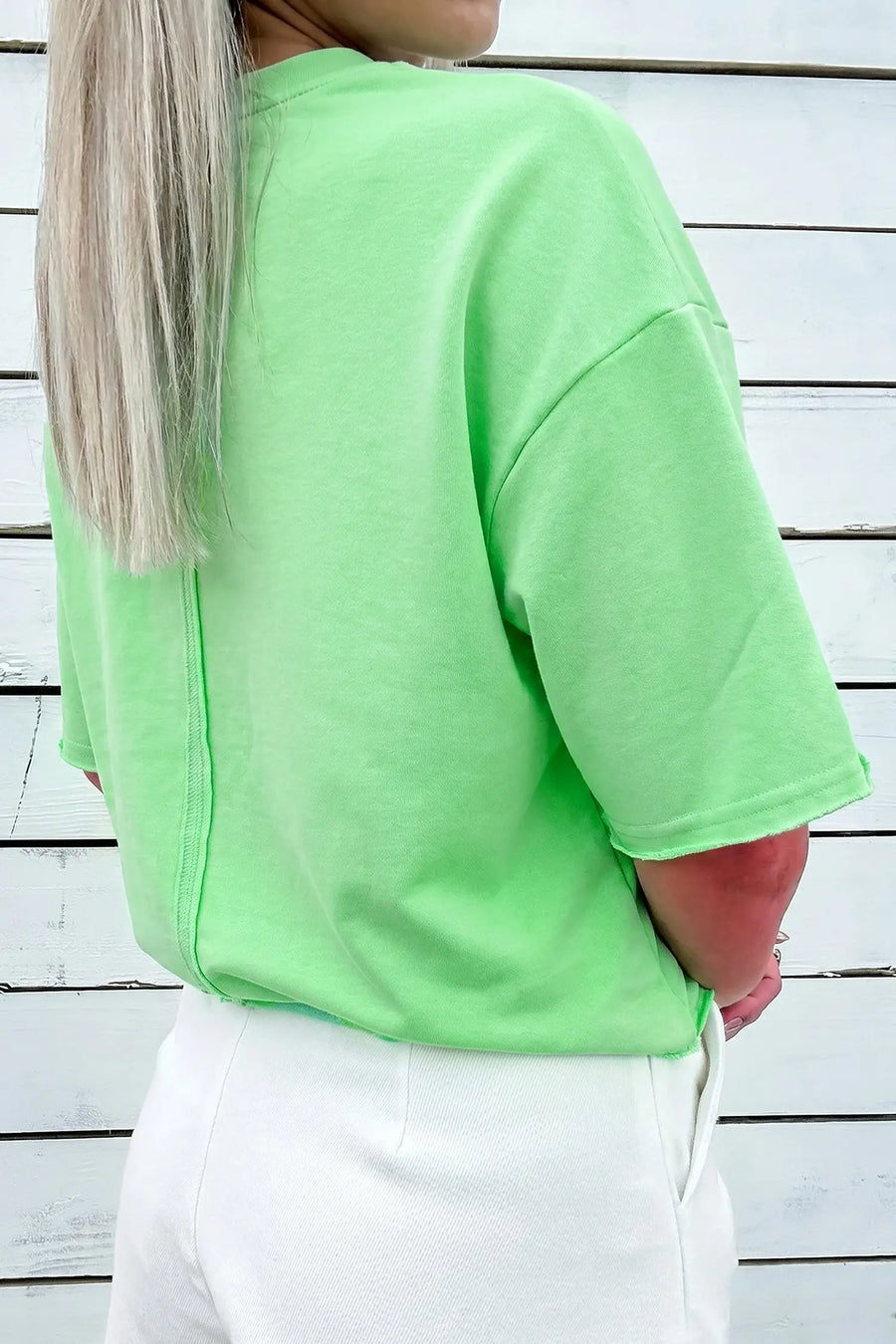 Bright Green Crab Embroidered Patch Loose Round Neck Tee — close-up detail | Fashionfitz UK