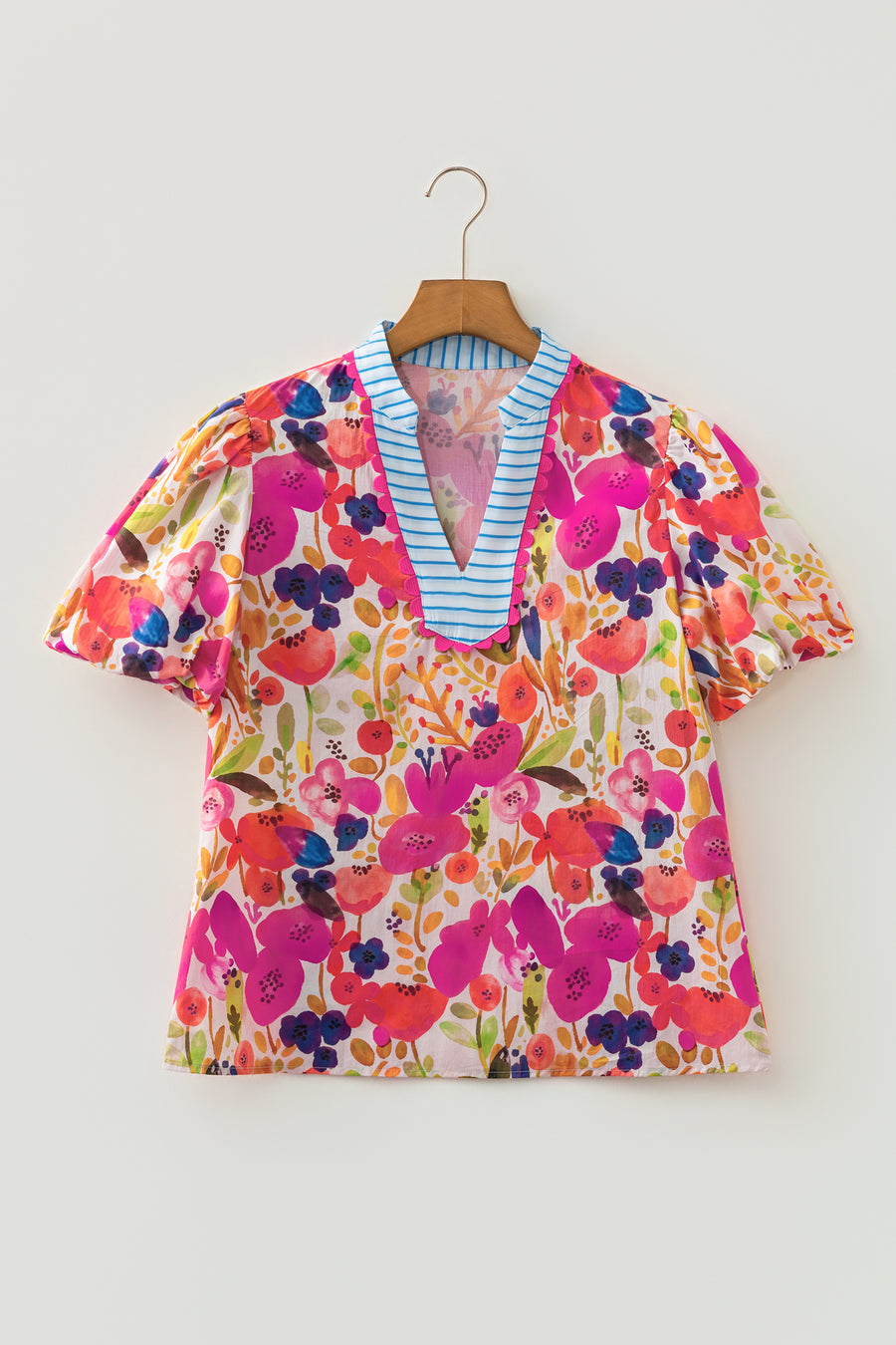 Floral Print V-Neck Puff Sleeve Cotton Blouse Women UK