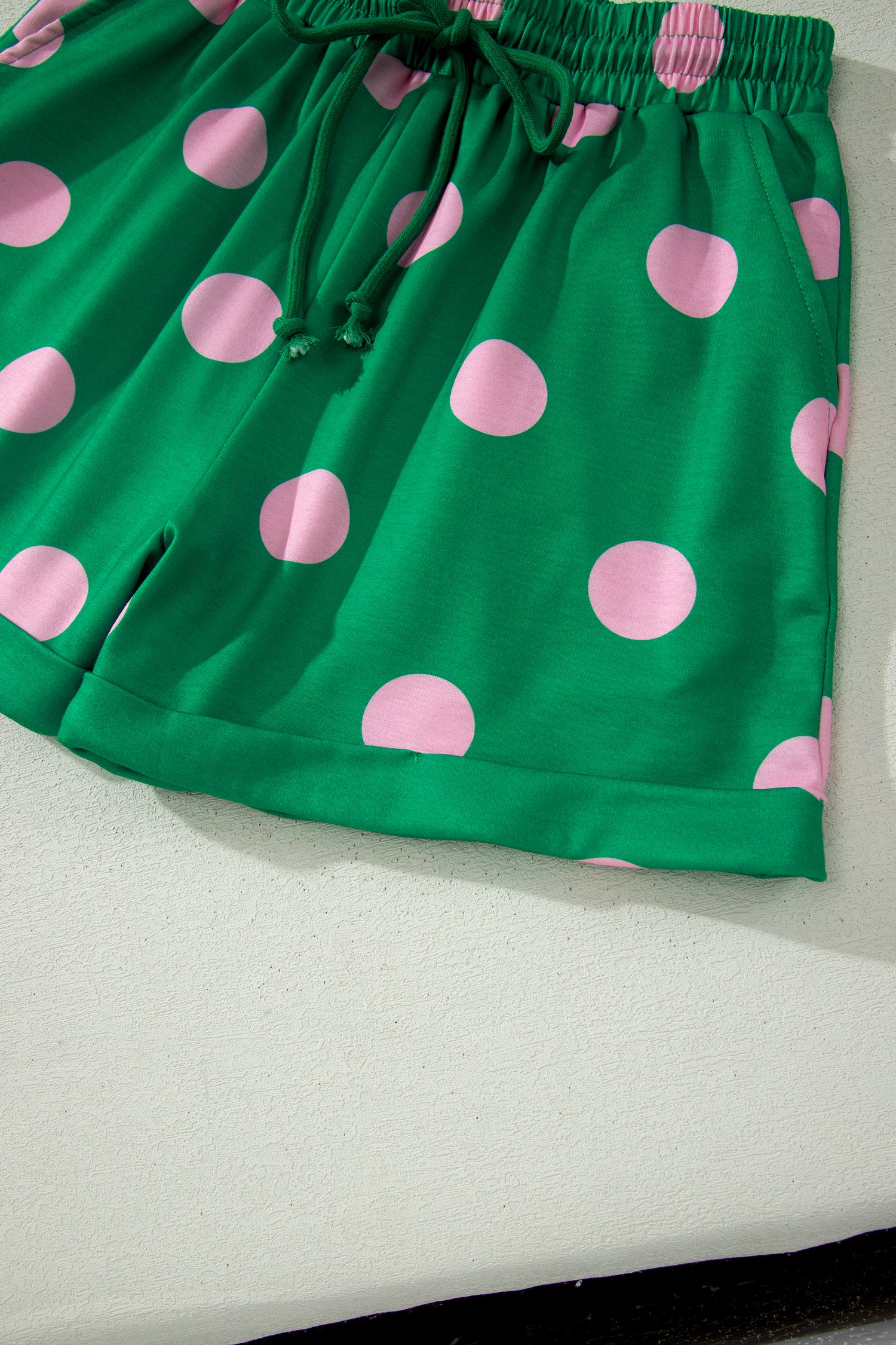 Polka Dot V Neck Short Sleeve Tee High Waist Drawstring Shorts Set