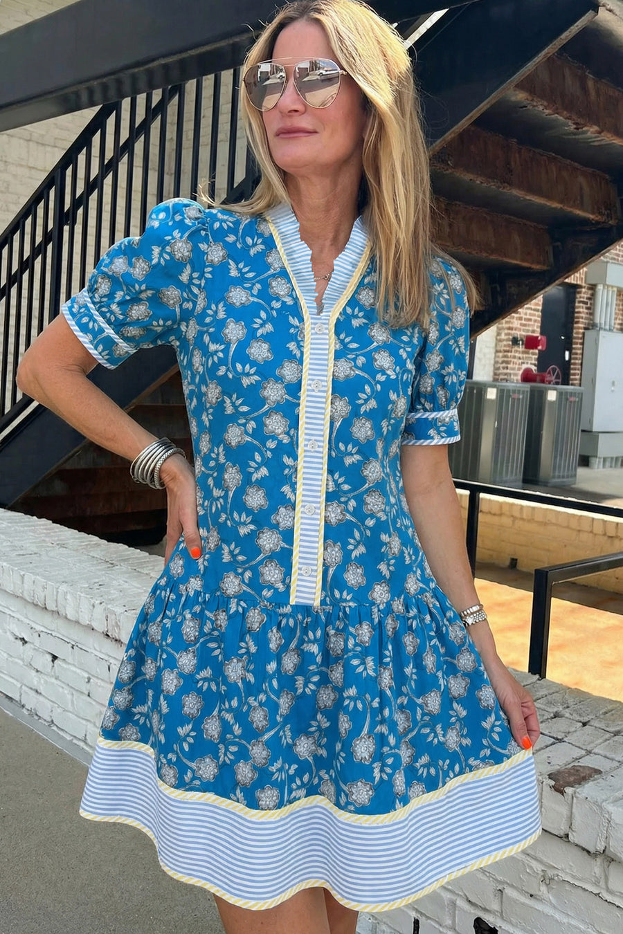 Blue Floral Striped Trim Half Button Short Sleeve Dress Women UK — model shot