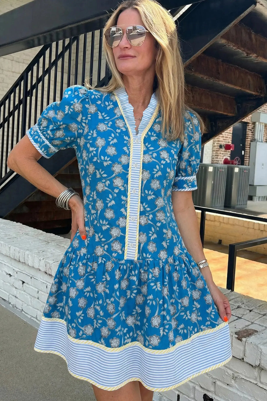 Blue Floral Striped Trim Half Button Short Sleeve Dress Women UK — model shot
