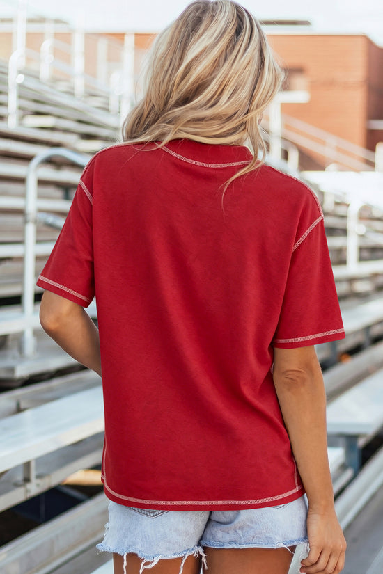 Reversible Contrast Stitch Drop Shoulder High Neck Short Sleeve Tee