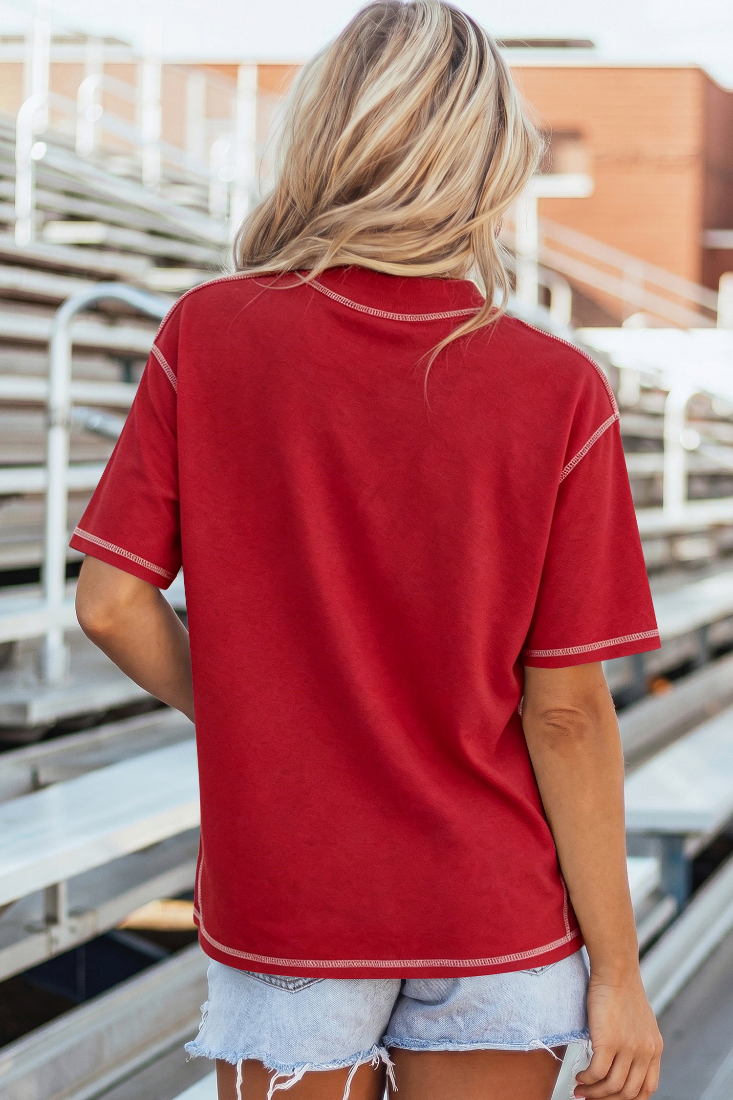 Reversible Contrast Stitch Drop Shoulder High Neck Short Sleeve Tee