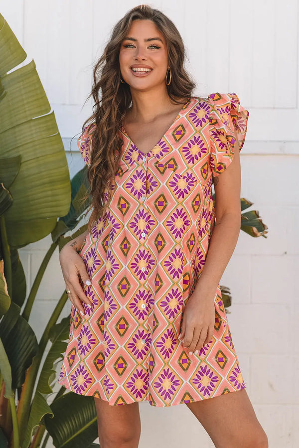 Orange Geometric Floral V Neck Buttoned Ruffled Mini Dress Women UK