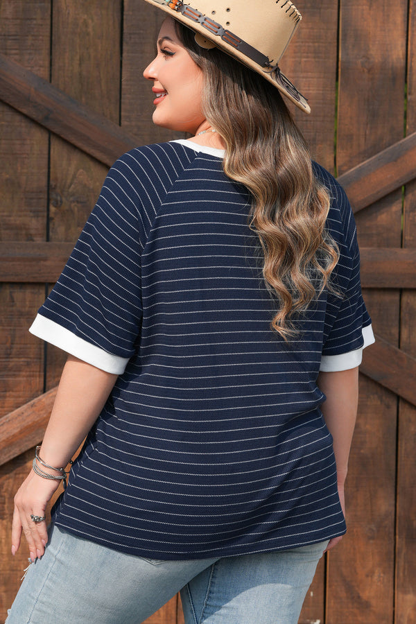 Back view of stripe contrast trim ribbed plus size T-shirt