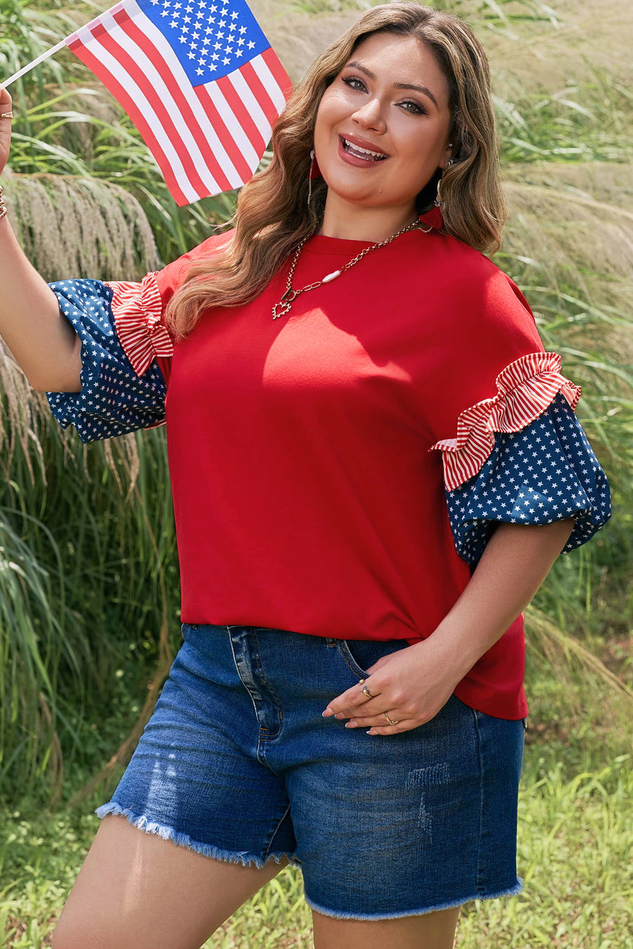 Patchwork plus size top with star detail — back view