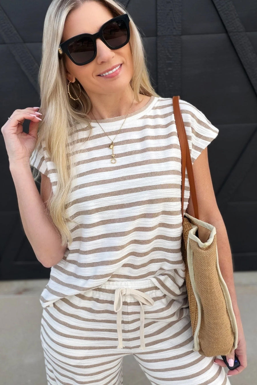 Stripe Drawstring Pants Set Women UK — close-up showing cap sleeve detail and khaki stripe fabric — Fashionfitz