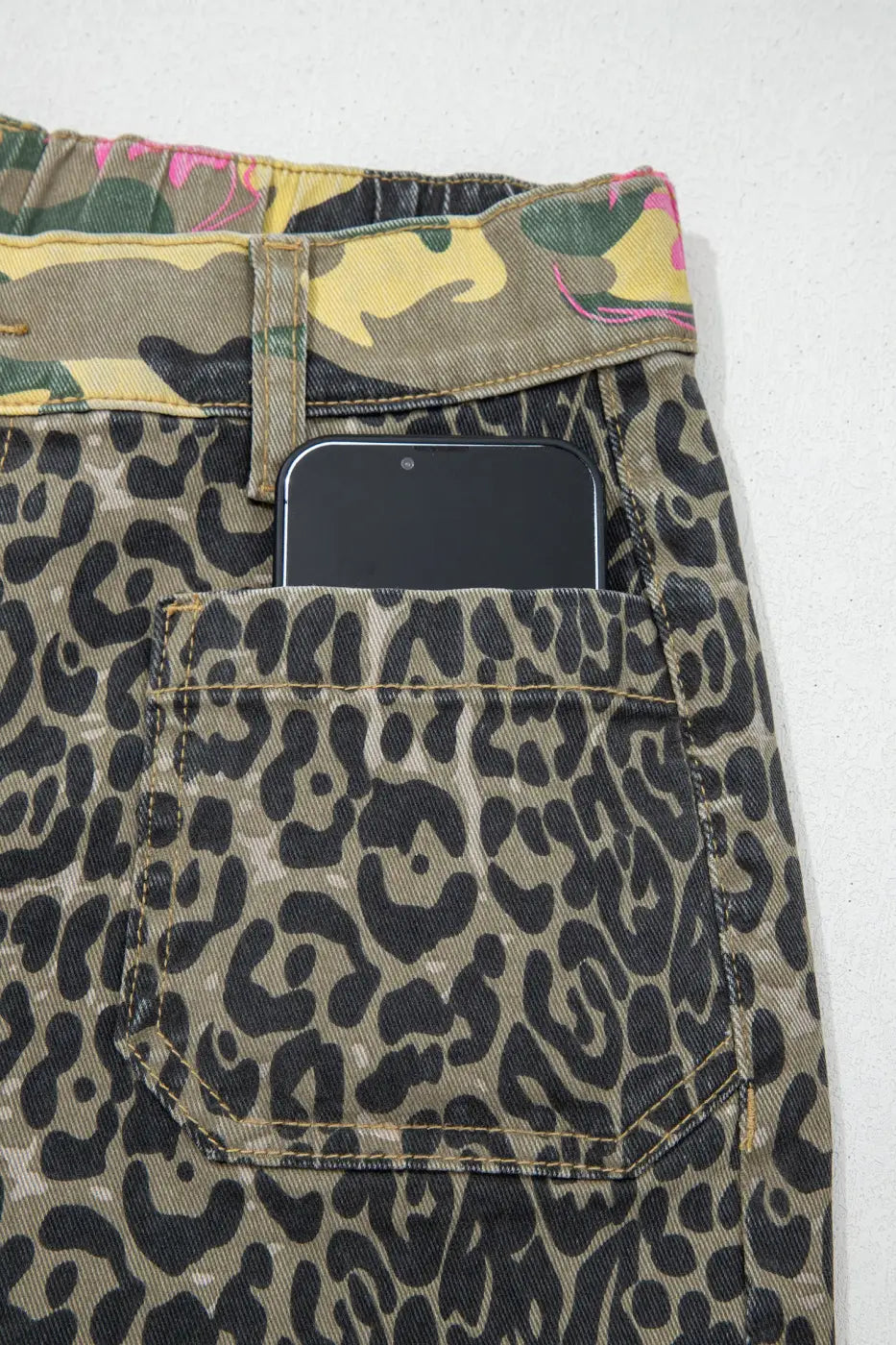 Multicolour abstract leopard patchwork straight jeans