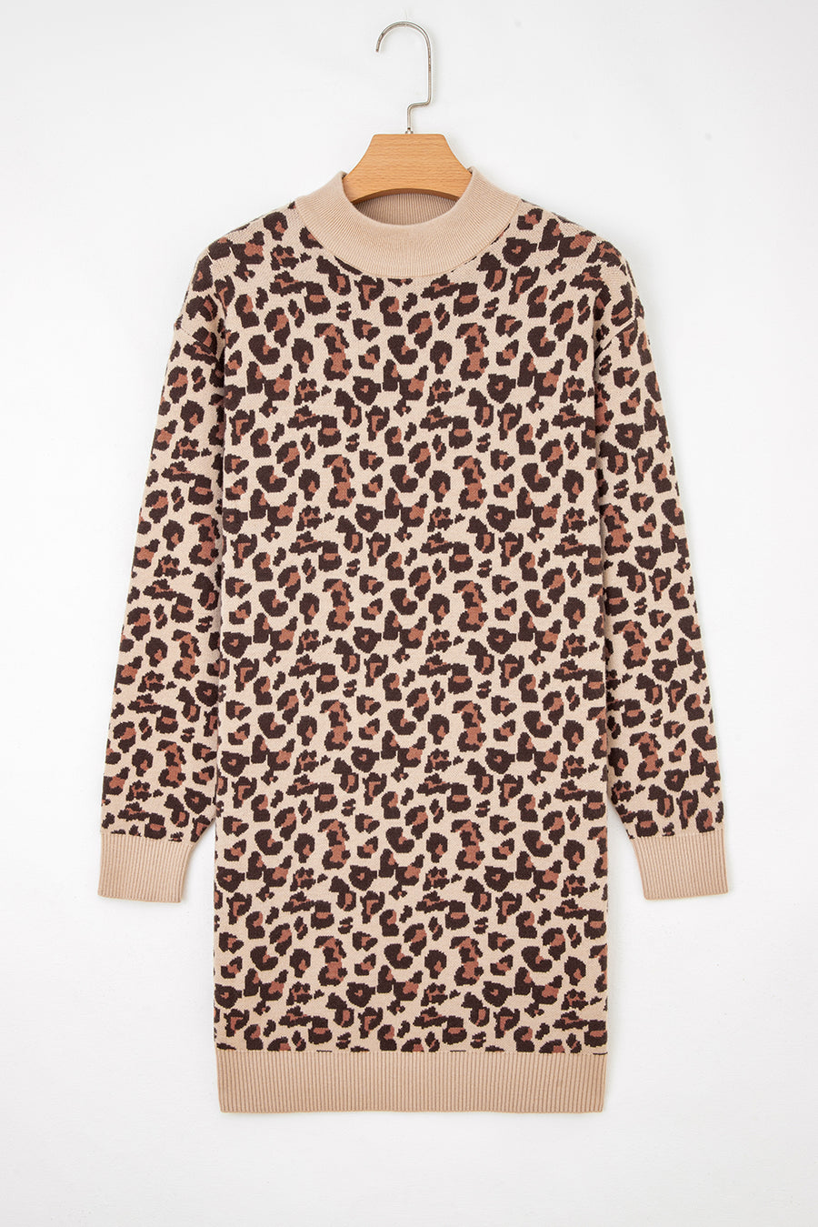 Leopard Print High Neck Shift Mini Sweater Dress Women UK