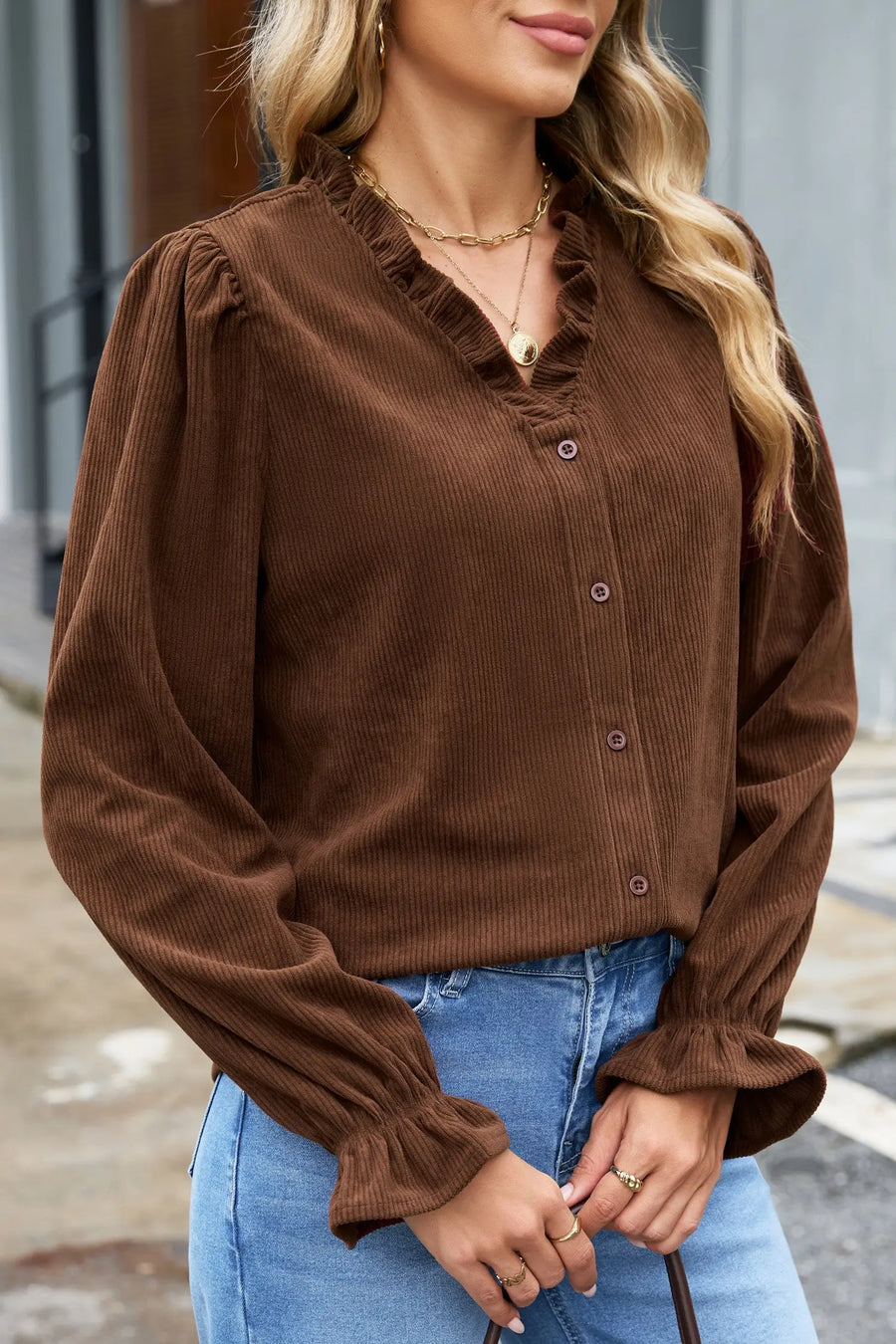 Ruffle Trim V-Neck Corduroy Shacket
