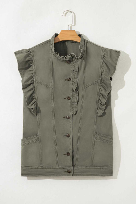 Flat lay of Green Bay Ruffled Denim Vest - Women's Fashion Trends on hanger, showcasing button-down front and structured denim silhouette.