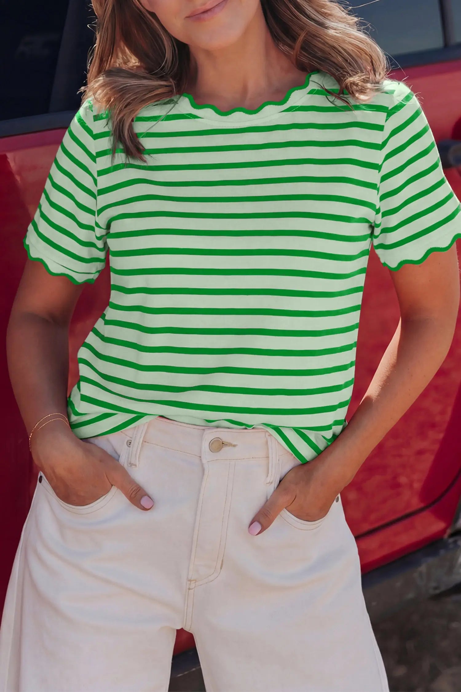 Scalloped trim stripe cotton t-shirt round neck short sleeve t-shirts
