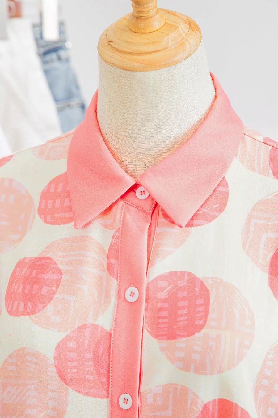 Polka dot ruffle sleeve babydoll shirt button front collar pink shirts