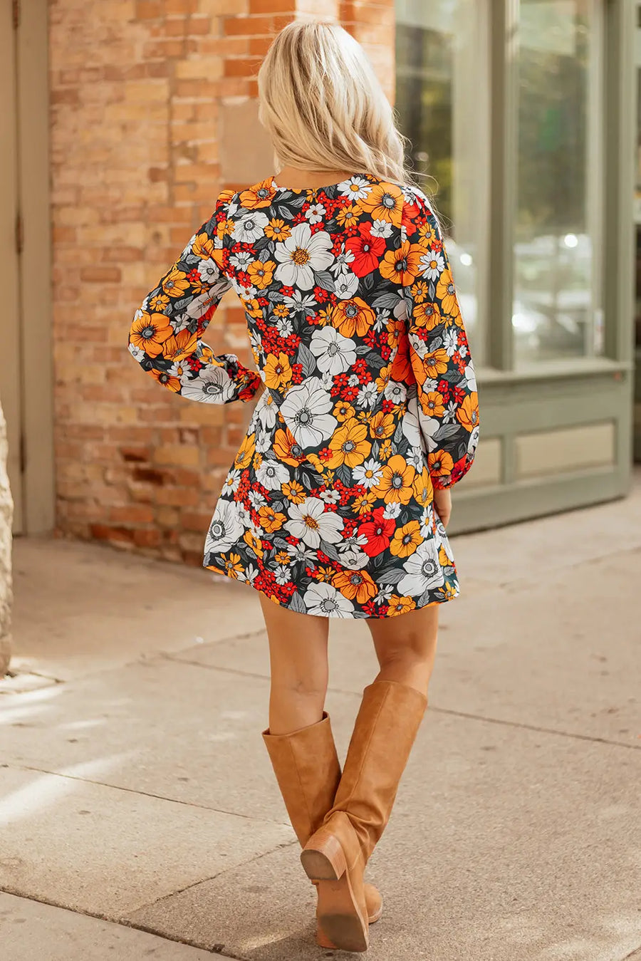 Orange Floral Lace V Neck Long Sleeve Mini Dress Women UK