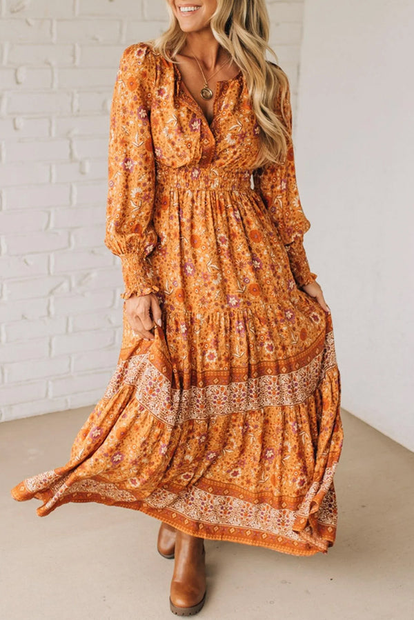 Orange floral boho maxi dress UK smocked waist detail
