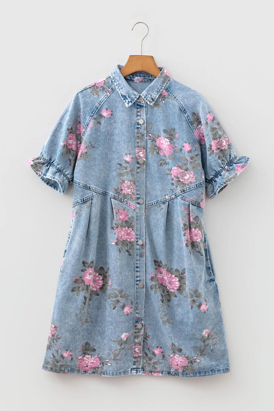 Floral Print Denim Short Sleeve Button-Down Dress Women UK