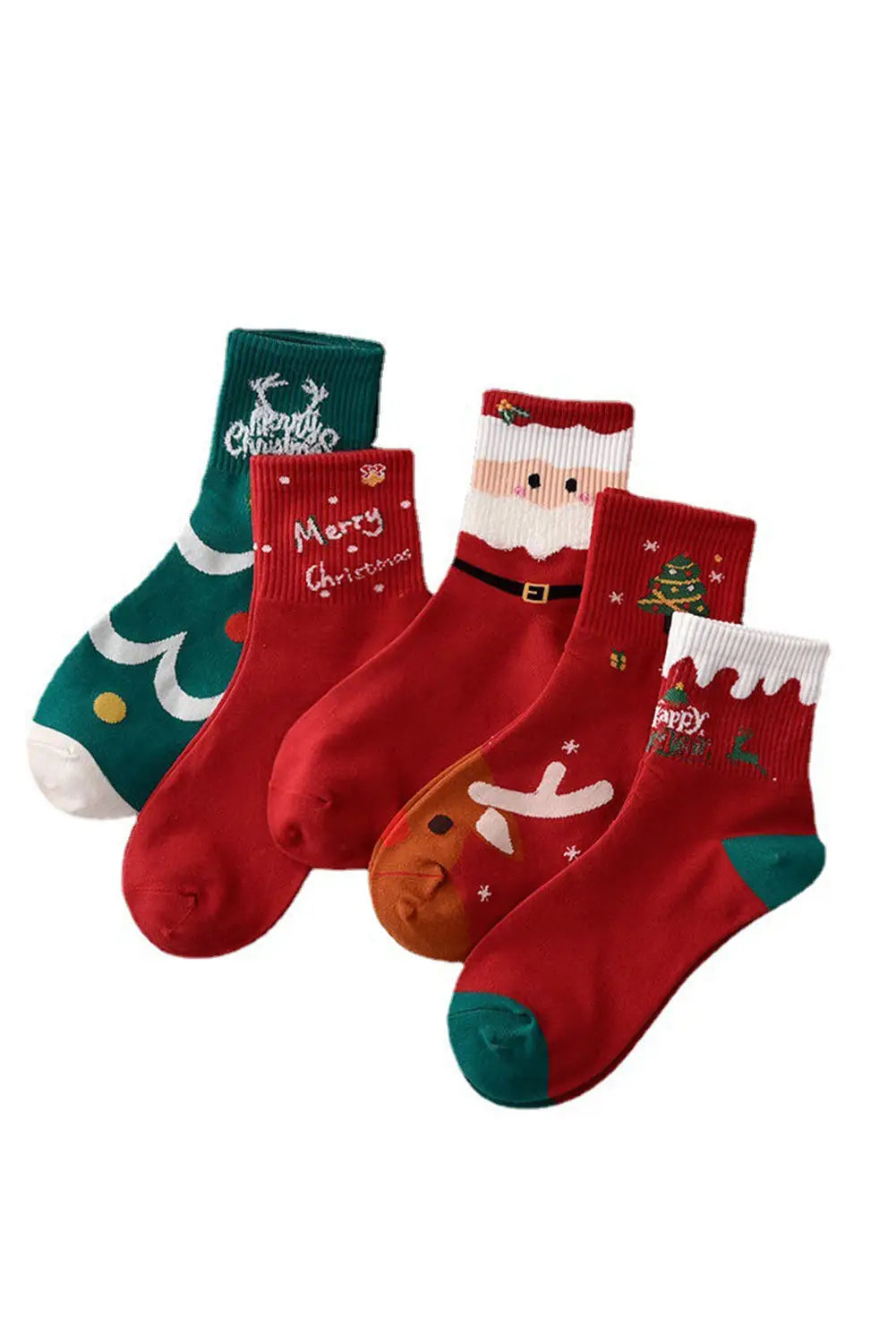 Fiery red 5 pairs festive merry christmas cartoon print socks - one size / 100% polyester - gifts