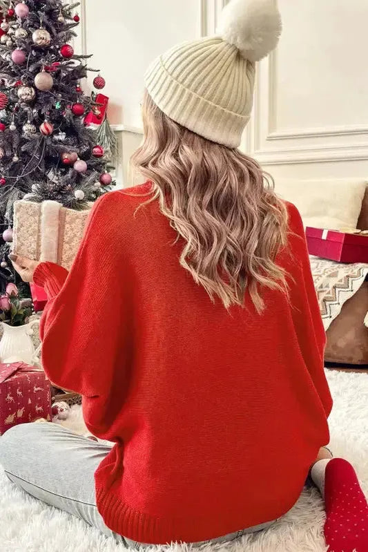 Fiery Red Christmas Holly Jolly Tinsel Graphic High Neck Sweater - Fashionfitz