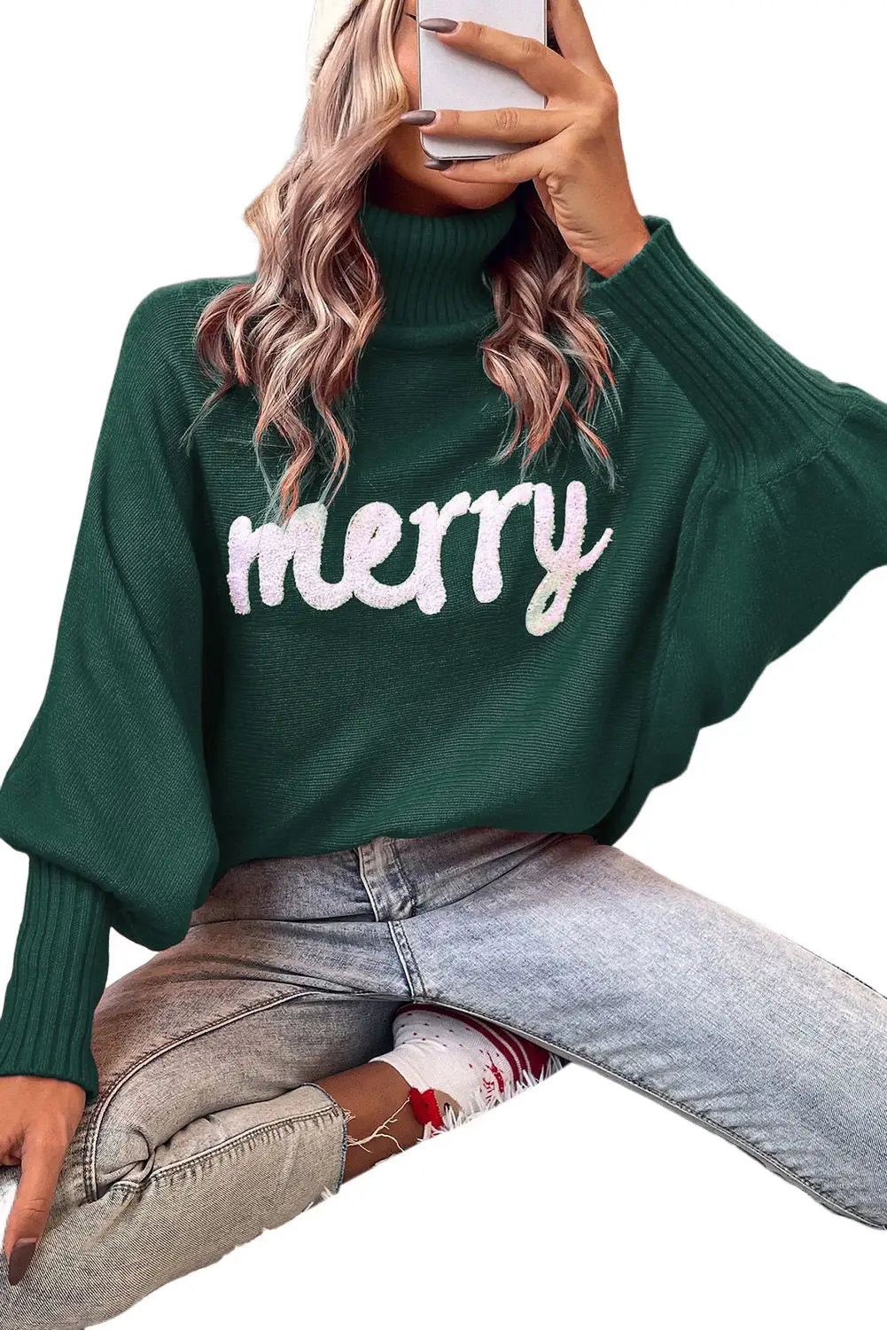 Fiery red christmas holly jolly tinsel graphic high neck sweater - tops