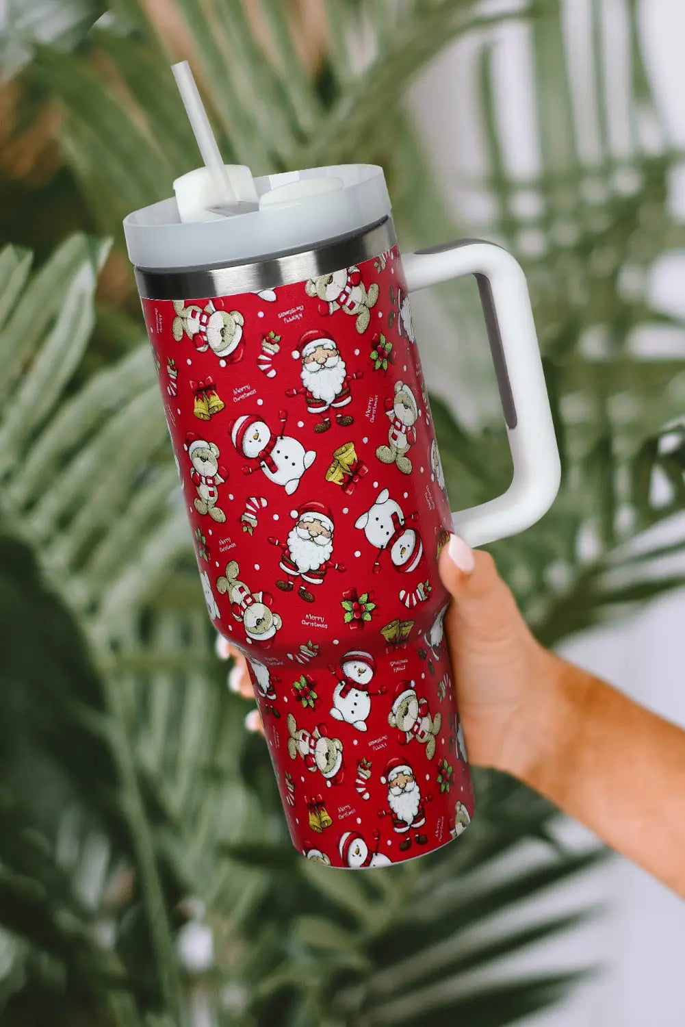 Fiery red christmas pattern print handled stainless steel tumblers - one size / 100% alloy