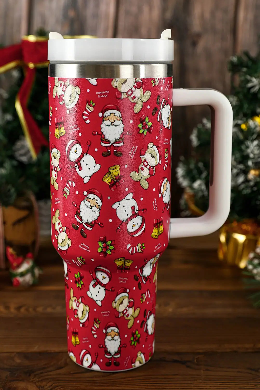 Fiery red christmas pattern print handled stainless steel tumblers - one size / 100% alloy