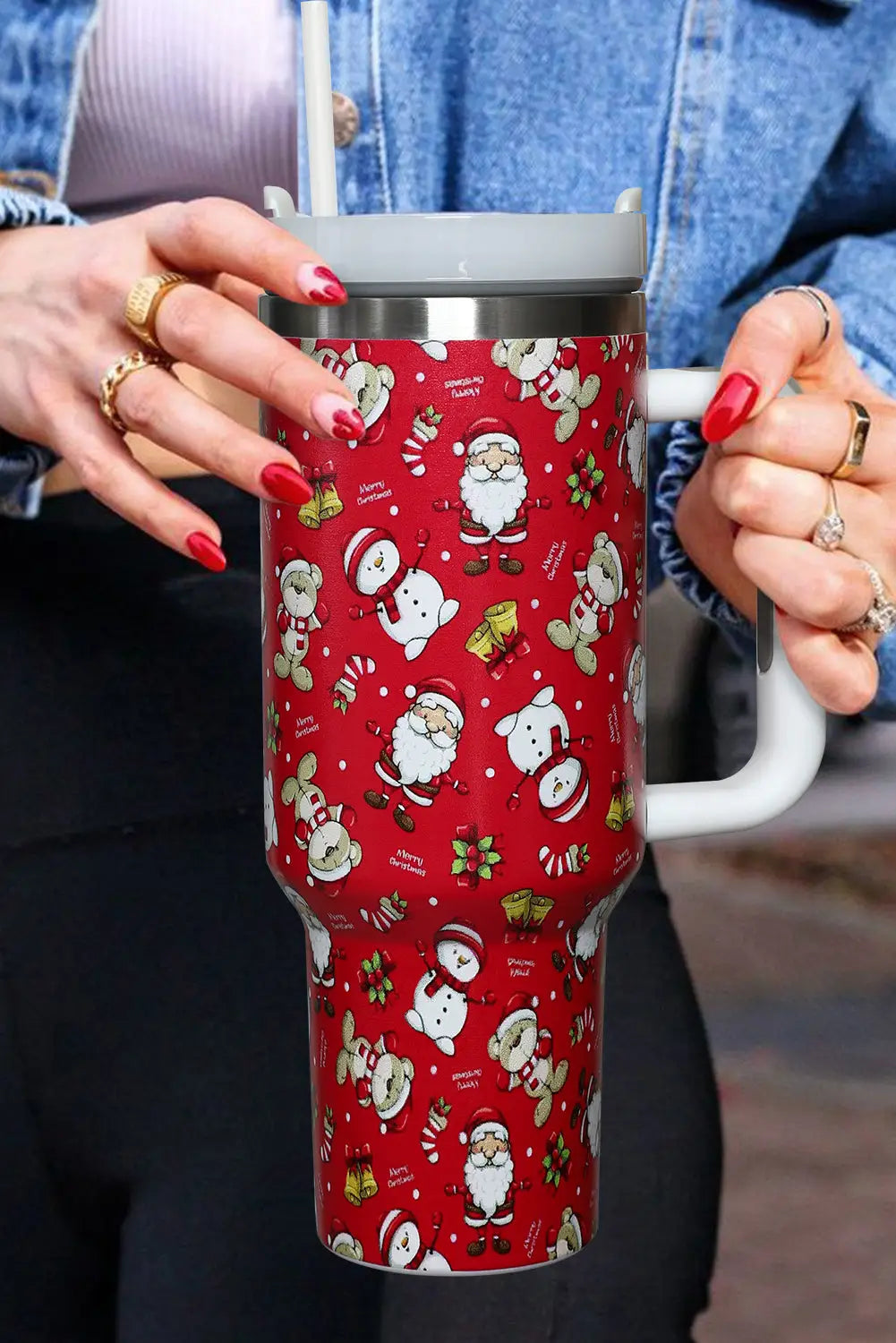 Fiery red christmas pattern print handled stainless steel