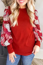 Fiery Red Contrast Mixed Animal Print Lantern Sleeve Patchwork Top - Fashionfitz