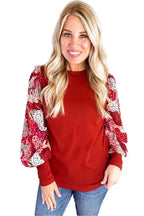 Fiery Red Contrast Mixed Animal Print Lantern Sleeve Patchwork Top - Fashionfitz
