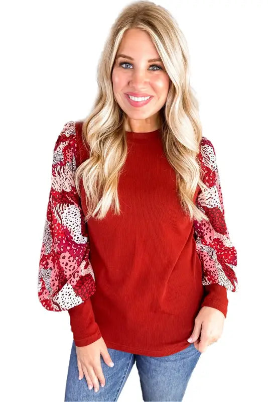 Fiery red contrast mixed animal print lantern sleeve patchwork top - long tops