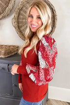 Fiery Red Contrast Mixed Animal Print Lantern Sleeve Patchwork Top - Fashionfitz