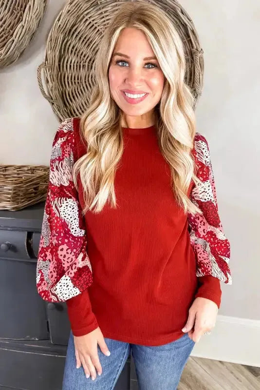 Fiery Red Contrast Mixed Animal Print Lantern Sleeve Patchwork Top - Fashionfitz