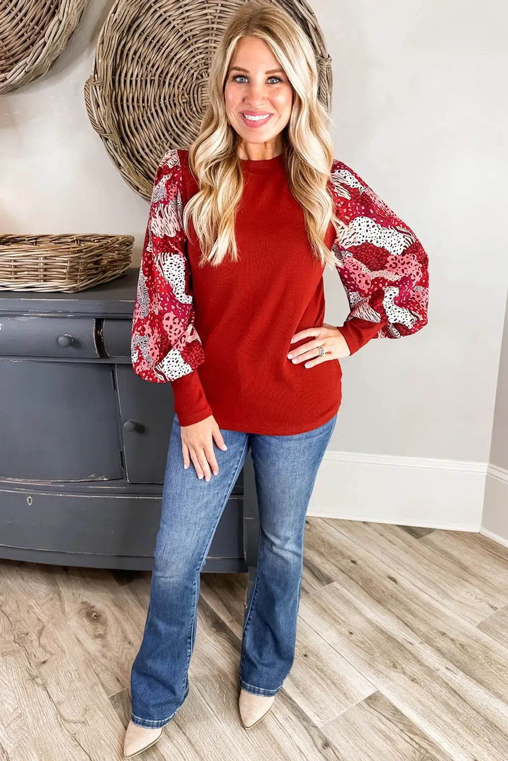 Fiery red contrast mixed animal print lantern sleeve patchwork top - long tops