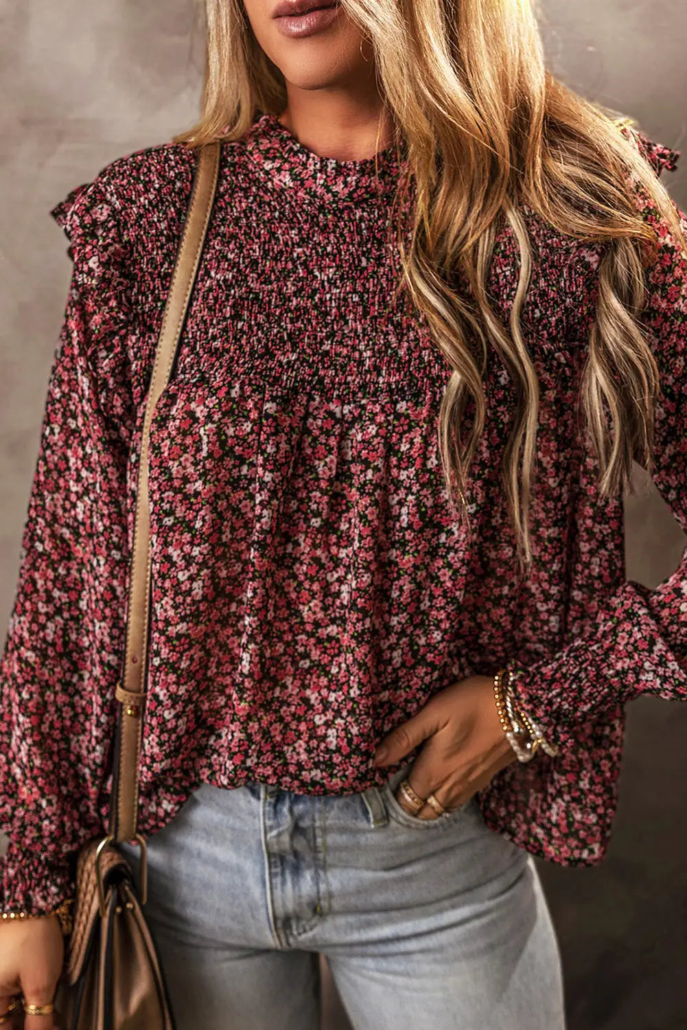 Fiery red ditsy floral smocked ruffle long sleeve blouse - blouses & shirts