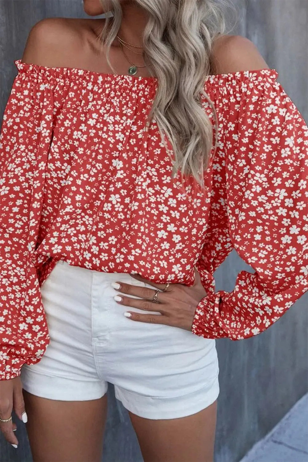 Fiery red floral print frill trim off-shoulder lantern sleeve blouse - l / 100% polyester - blouses & shirts