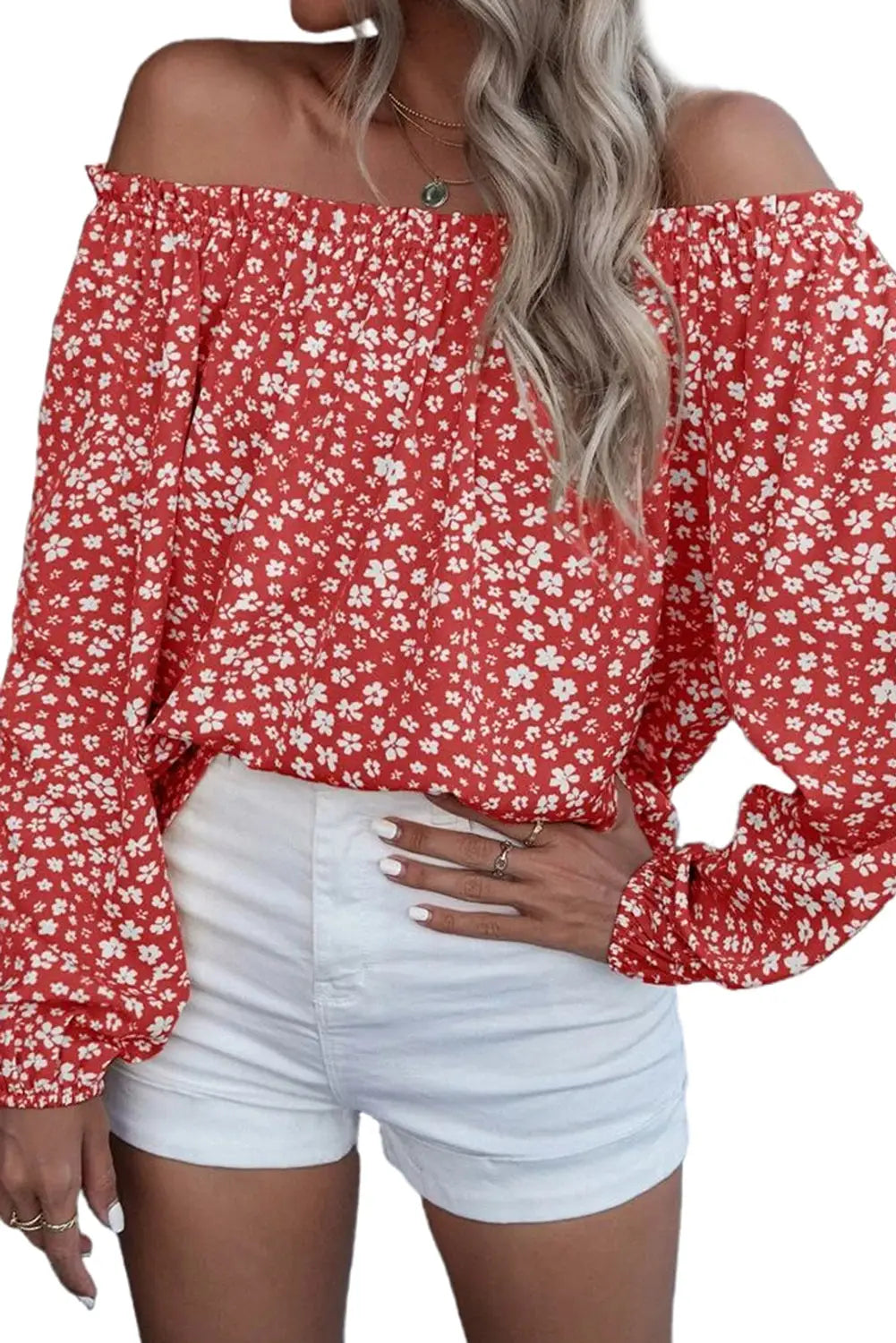 Fiery red floral print frill trim off-shoulder lantern sleeve blouse - blouses & shirts