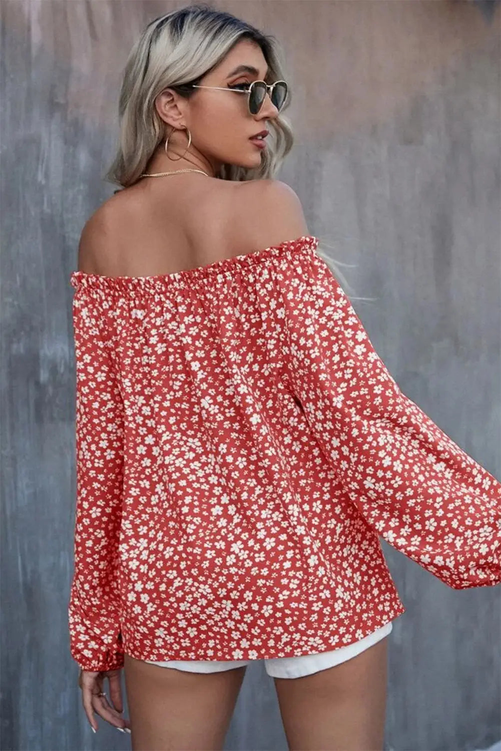 Fiery red floral print frill trim off-shoulder lantern sleeve blouse - blouses & shirts