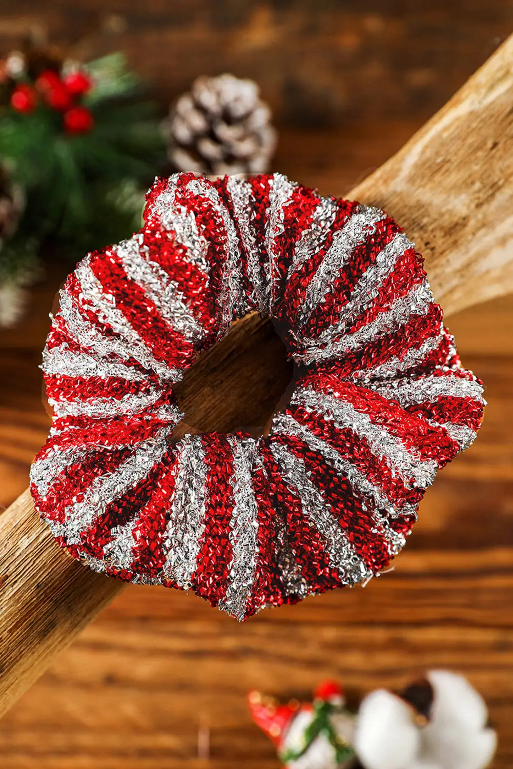 Fiery red glitter 2-tone stripes christmas hair tie - one size / bright silk - ties