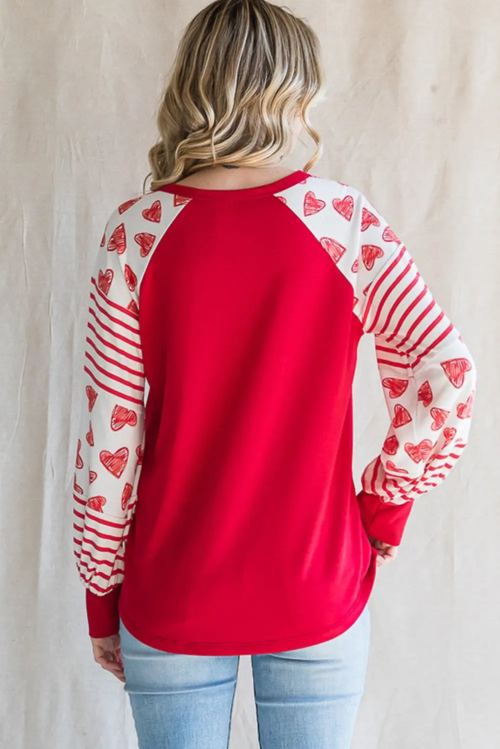 Fiery red heart striped raglan sleeve henley top - blouses & shirts
